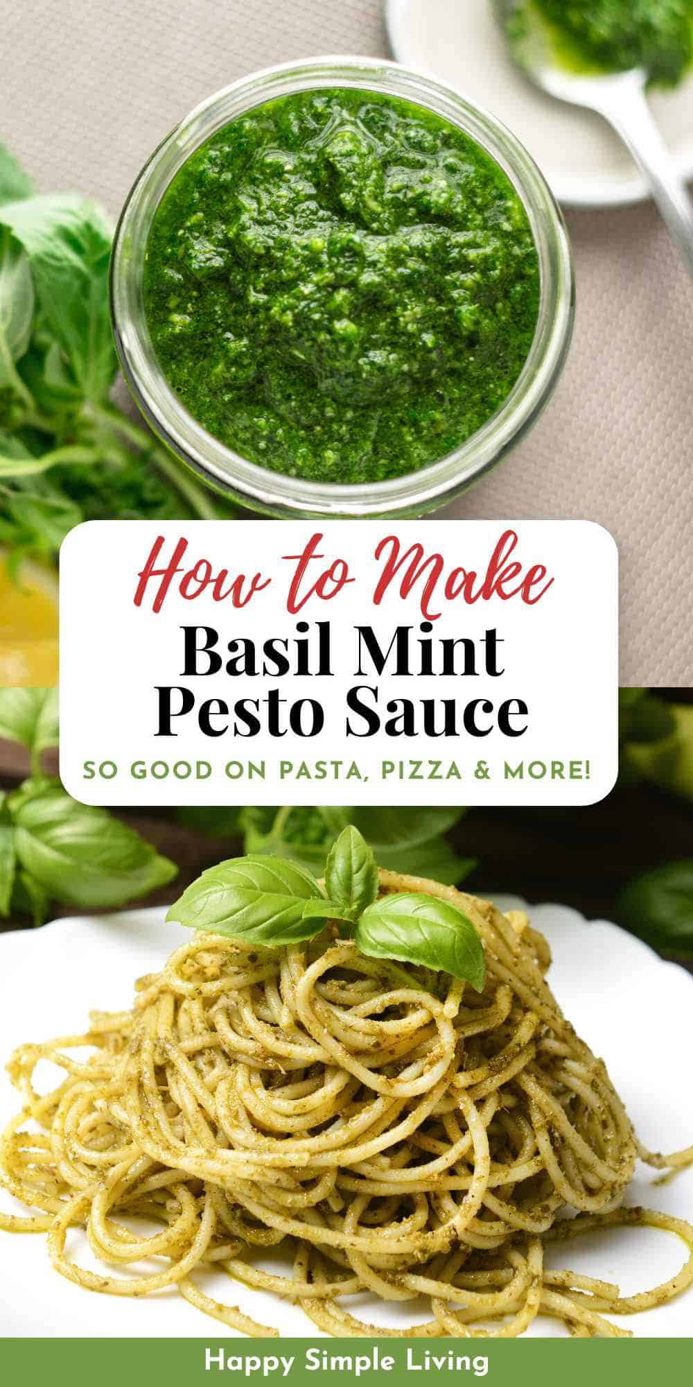 A bowl of basil mint pesto, and a plate of pasta topped with mint basil pesto.