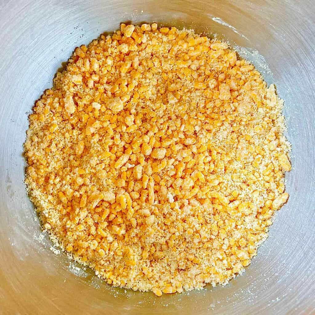 Crackers3 Cheese, flour, salt and shortening combined in the bowl of a stand mixer.