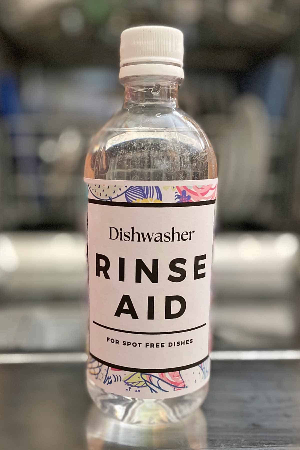 A bottle of homemade dishwasher rinse aid.