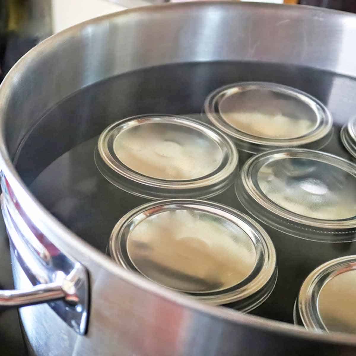 Five jars of apple butter in a canning pot with boiling water.