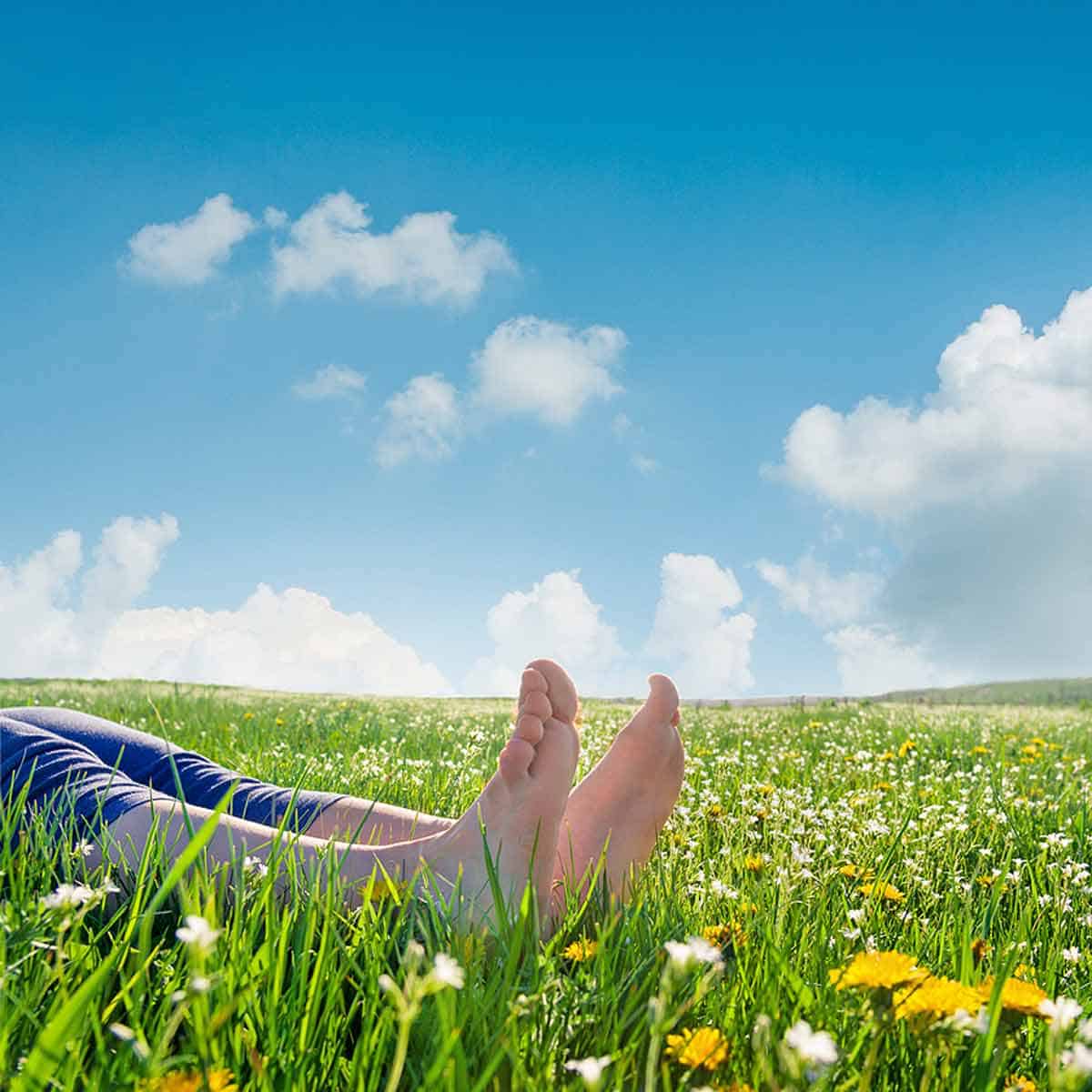 A woman's legs and feet shown reclining in a grassy meadow.