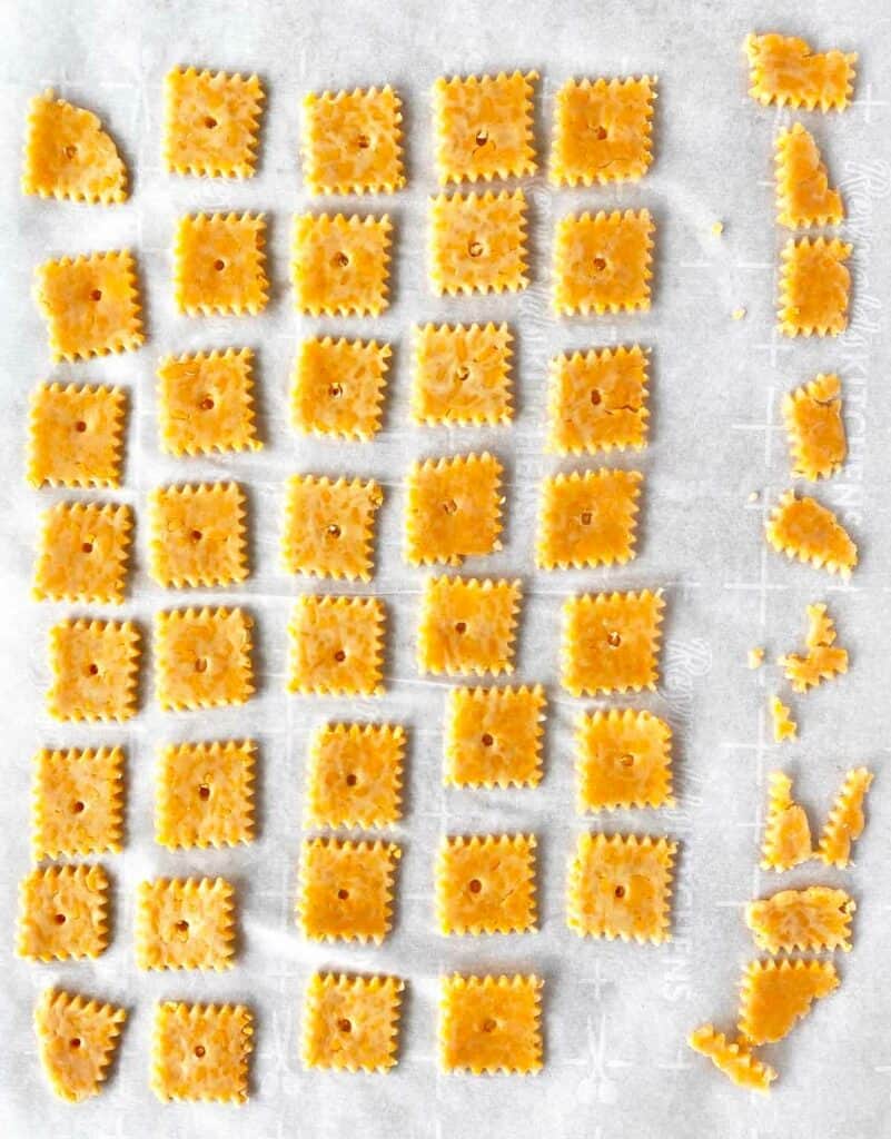 Crackers11 Unbaked cheese crackers on parchment paper, ready to bake.